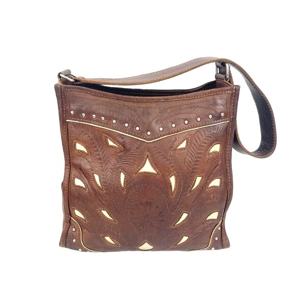 Handcrafted Brown White  Hand Tooled Leather Shoulder Bag Vintage - Picture 2 of 14